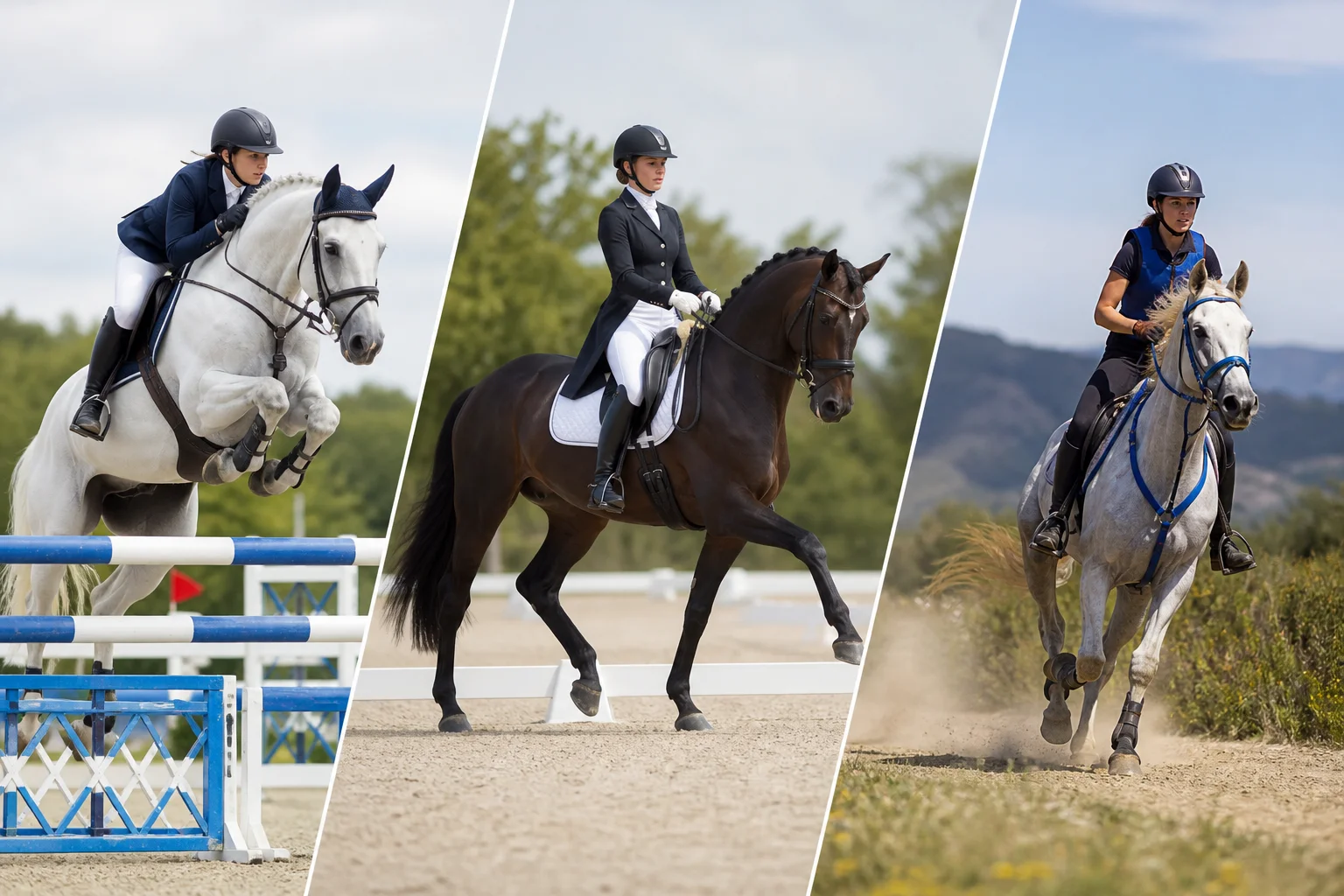 Principals disciplines eqüestres de competició: salt d'obstacles, doma i raid